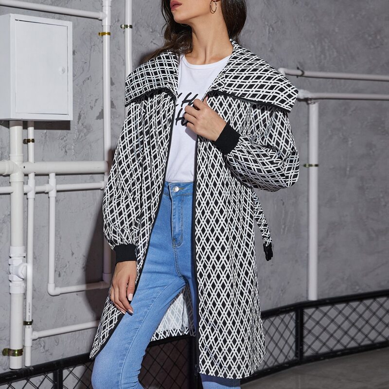 

Collared Zip Up Push Buckle Belted Plaid Jacket, Black and white
