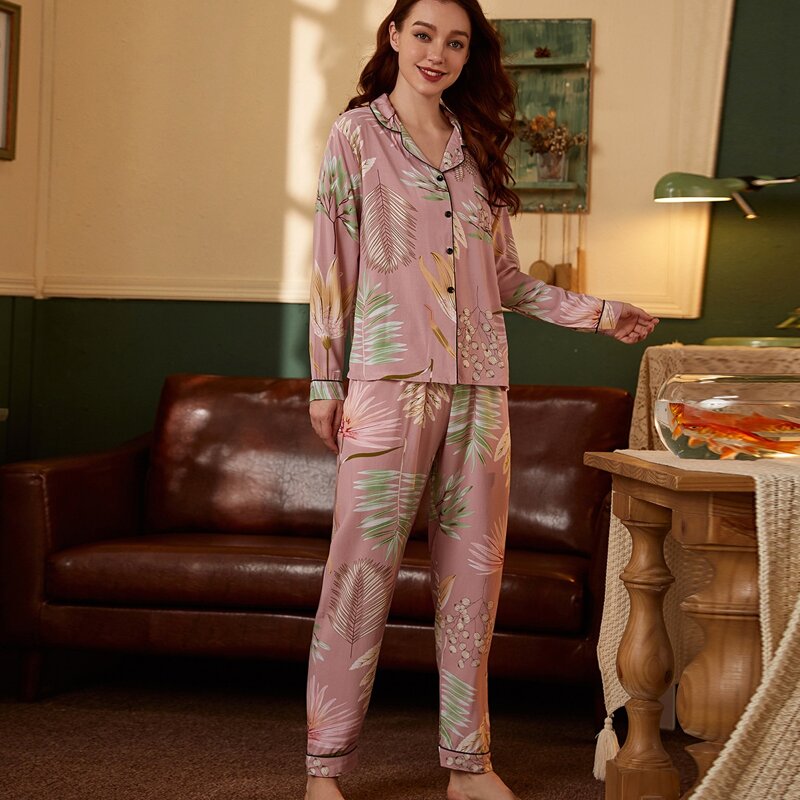 

Floral And Tropical Print Button Front Lapel Collar PJ Set, Dusty pink