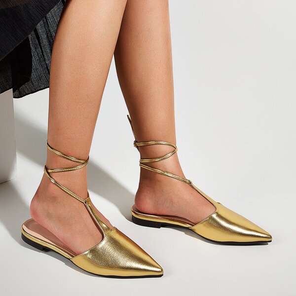 

Metallic Point Toe Tie Leg Flats, Gold