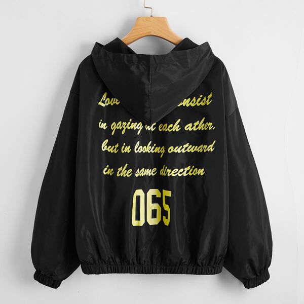 

Zip Up Slogan Graphic Hooded Jacket, Black