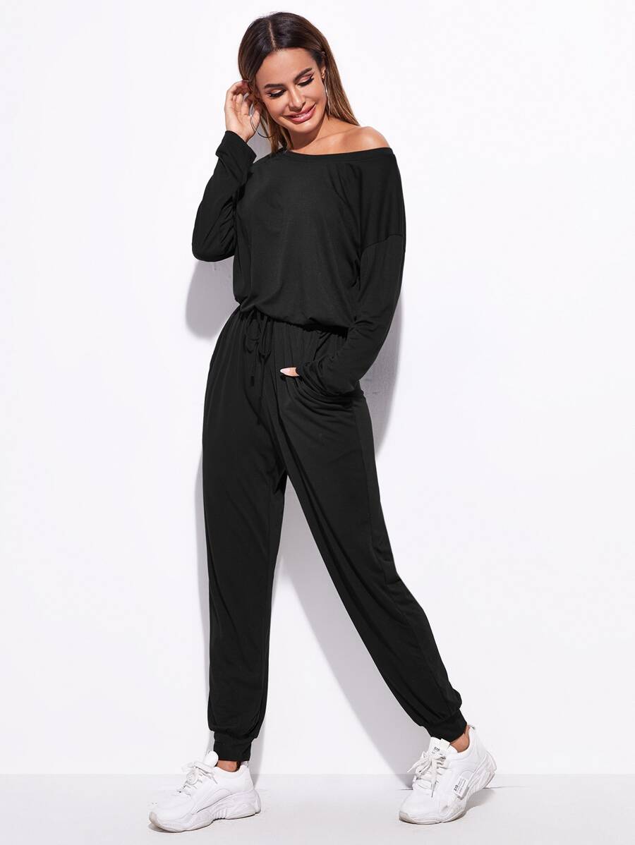 SHEIN Essnce Áo liền quần Thắt nút màu trơn Giải trí - màu đen - Xem 1