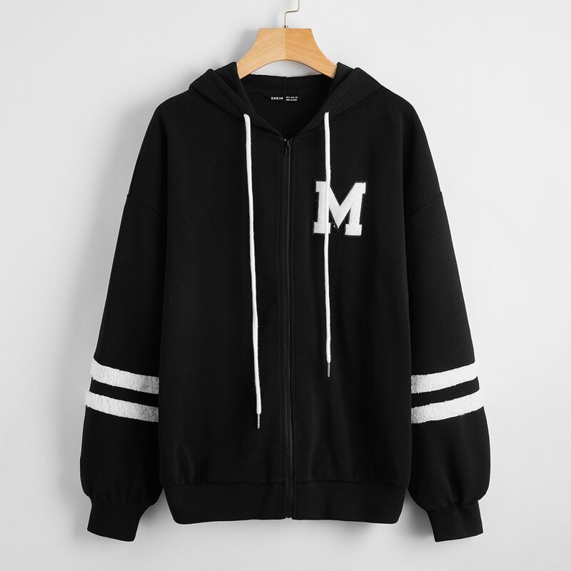 

Zip Up Teddy Striped Letter Patched Hoodie, Black