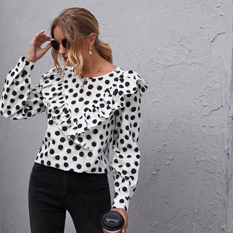 

Ruffle Trim Polka Dot Top, Black and white