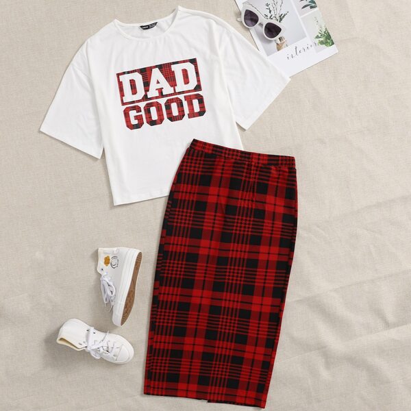 

Letter Graphic Top & Split Hem Plaid Skirt Set, Multicolor