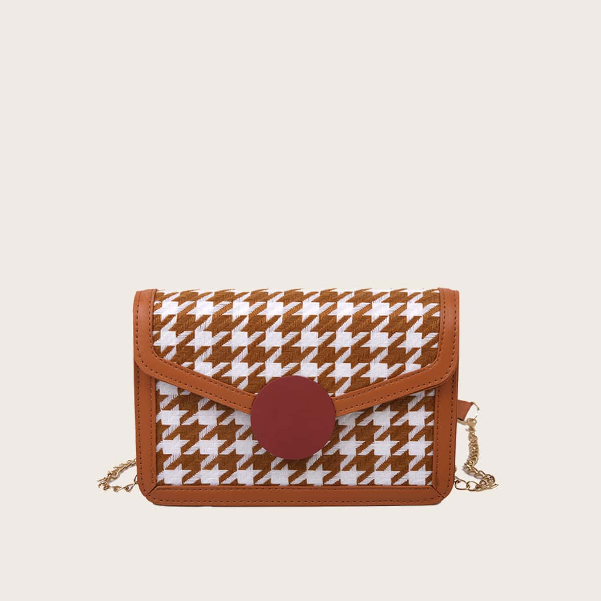 

Houndstooth Chain Crossbody Bag, Brown