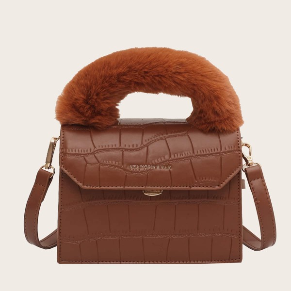 

Faux Fur Handle Croc Embossed Satchel Bag, Brown