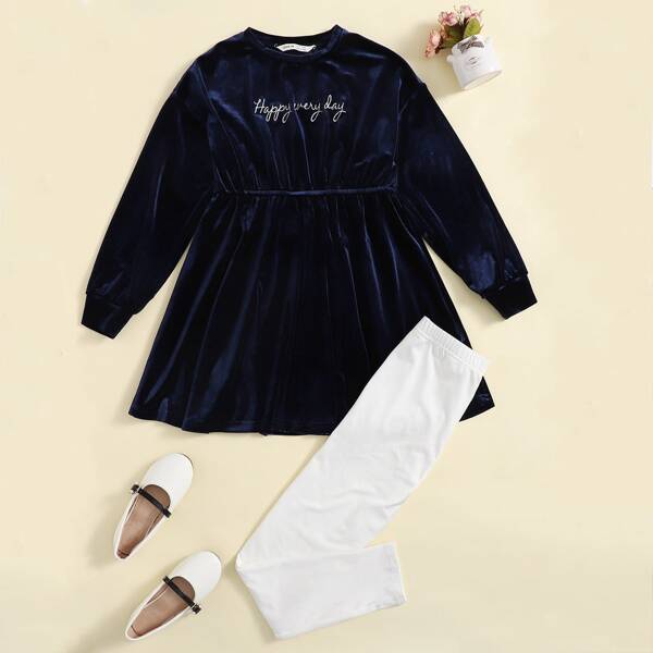 

Girls Letter Embroidery Velvet Peplum Top & Leggings Set, Multicolor