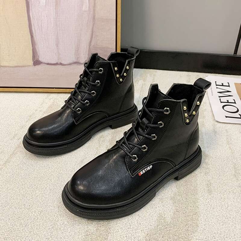 

Studded V-cut Lace-up Combat Boots, Black