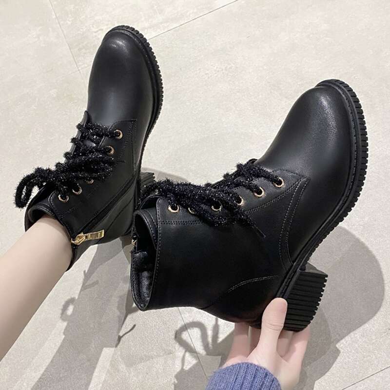 

Lace-up Chunky Heeled Boots, Black