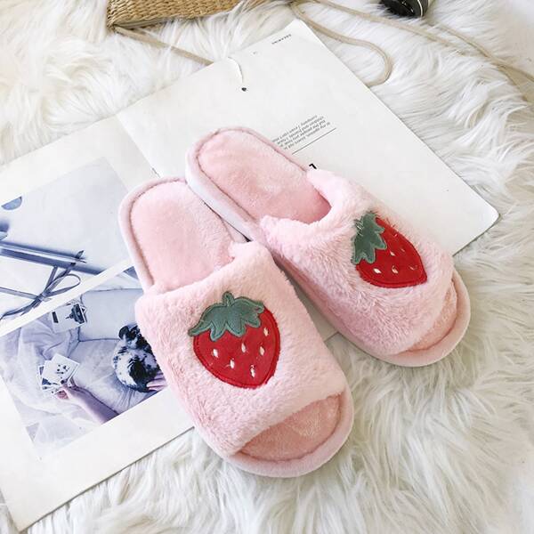 

Strawberry Embroidered Fluffy Slippers, Pink