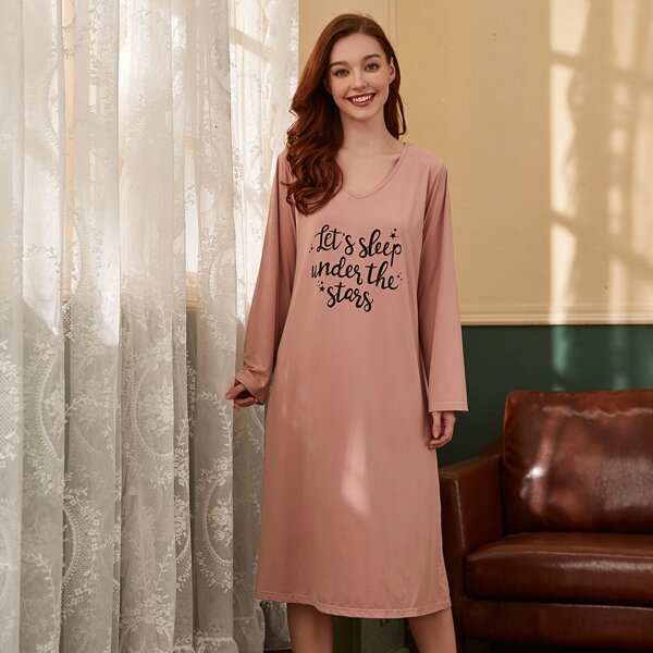 

Slogan Graphic Long Sleeve Night Dress, Coral pink