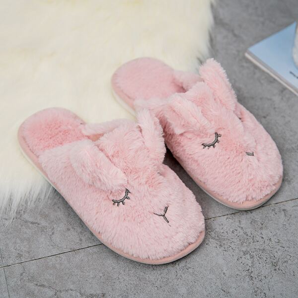 

Cartoon Embroidered Fluffy Slippers, Pink