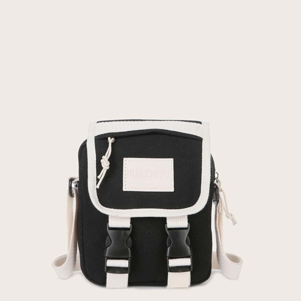 

Release Buckle Decor Color Block Crossbody Bag, Black