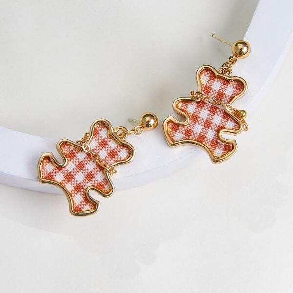 

Plaid Pattern Bear Drop Earrings, Gold