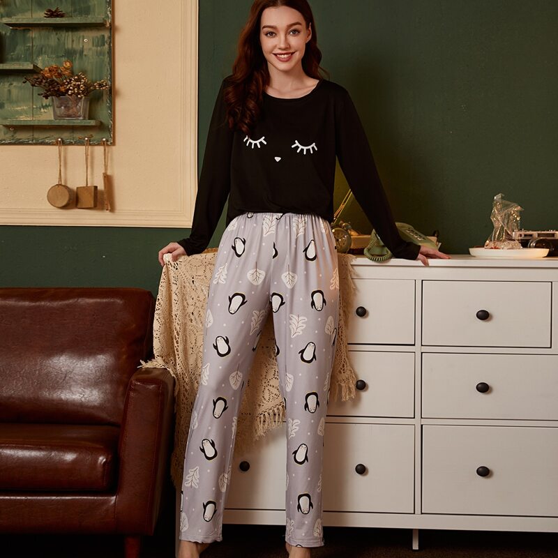 

Eyelash Print Top & Cartoon Print Pants PJ Set, Multicolor