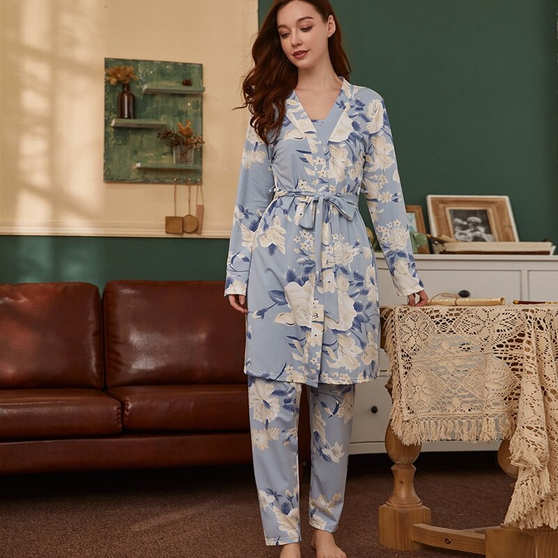 

Allover Floral Print Self Tie PJ Set, Blue