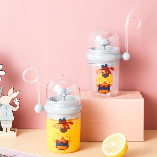 

1pc Cartoon Graphic Straw Bottle, Grey