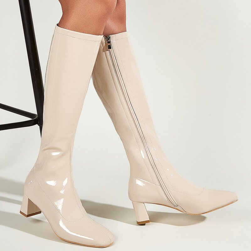 

Square Toe Chunky Heeled Knee Boots, Beige