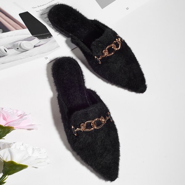

Chain Decor Fluffy Mules, Black