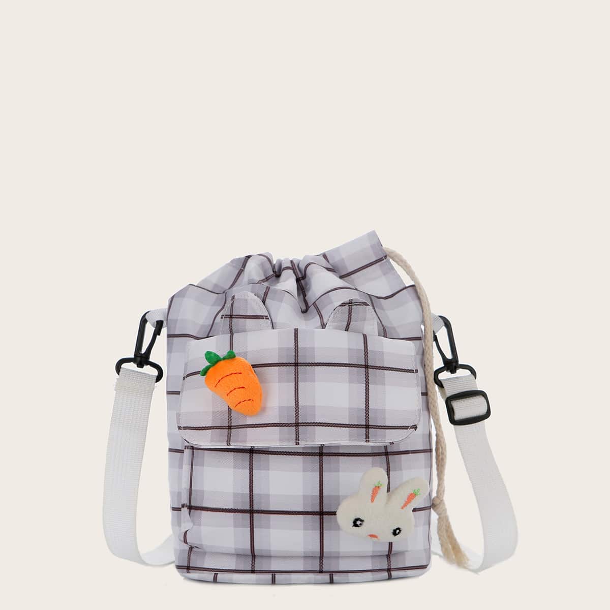 

Rabbit Decor Plaid Drawstring Crossbody Bag, Brown