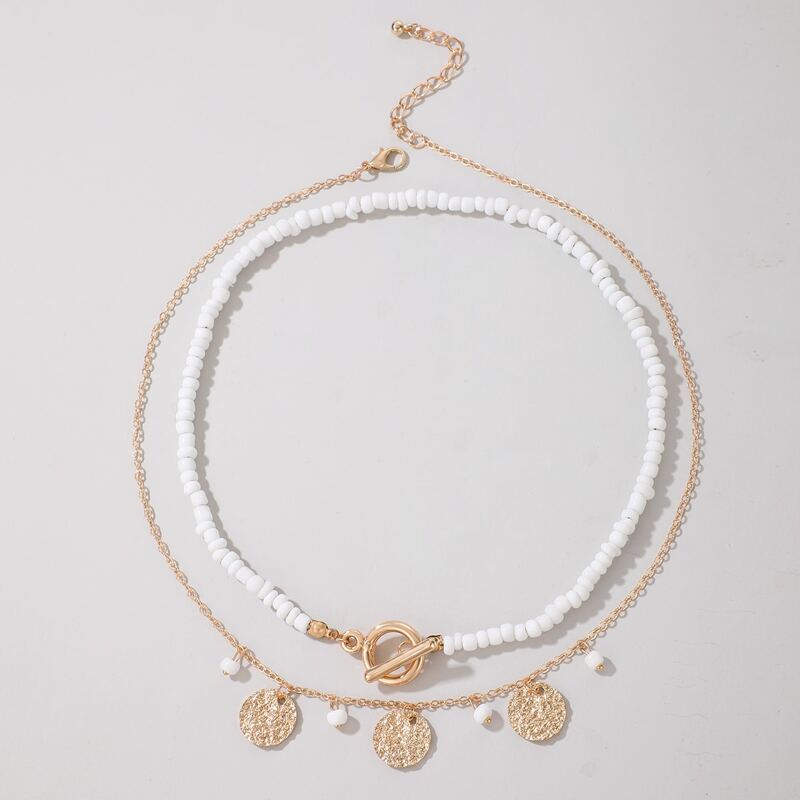 

2pcs Coin Beaded Necklace, Multicolor