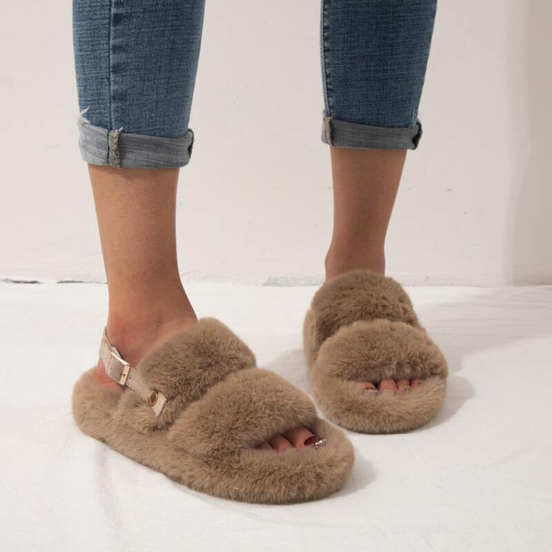 

Double Band Fluffy Slippers, Khaki