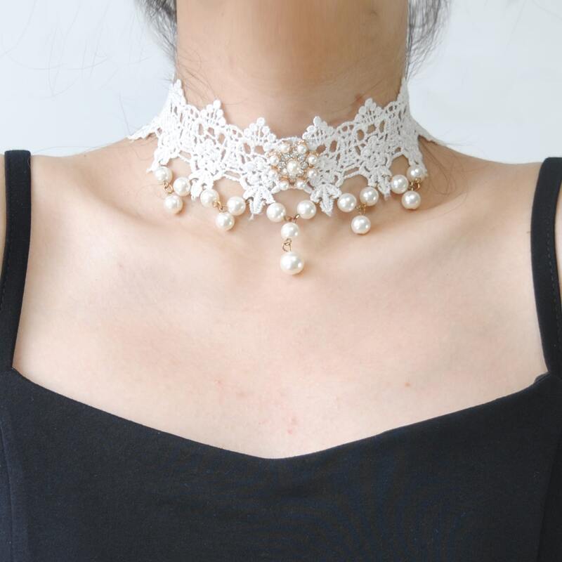 

Faux Pearl Lace Choker, White