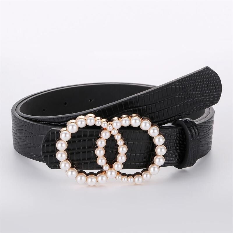 

Faux Pearl Decor Buckle Belt, Black