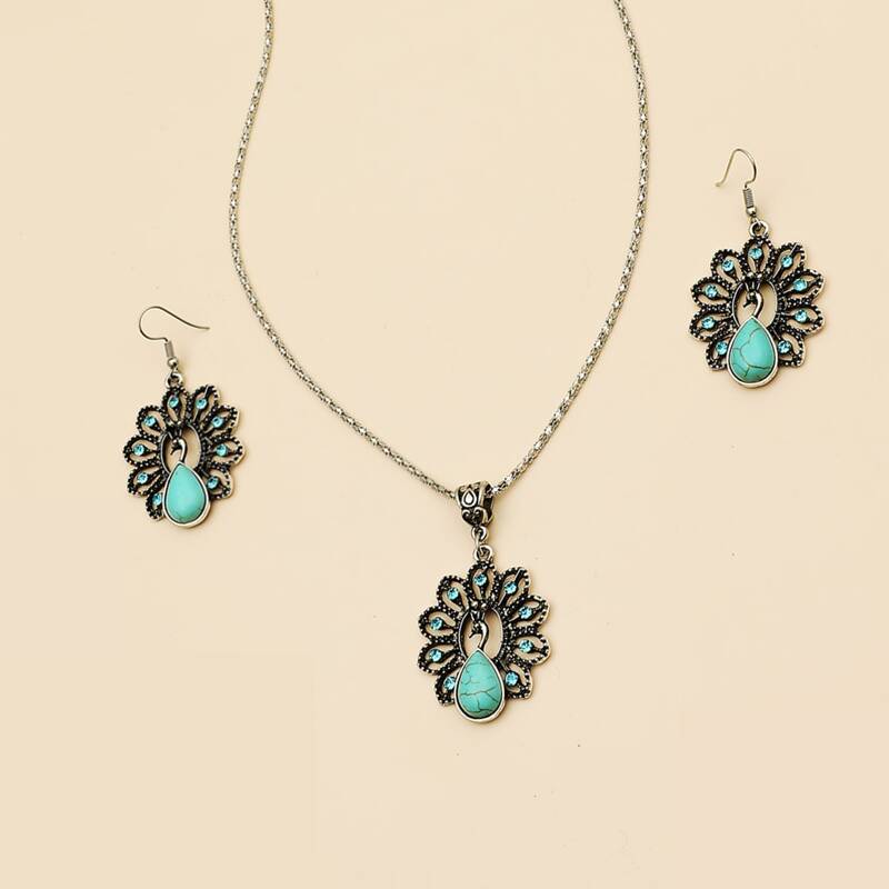 

1pair Rhinestone Decor Earrings & 1pc Necklace, Blue