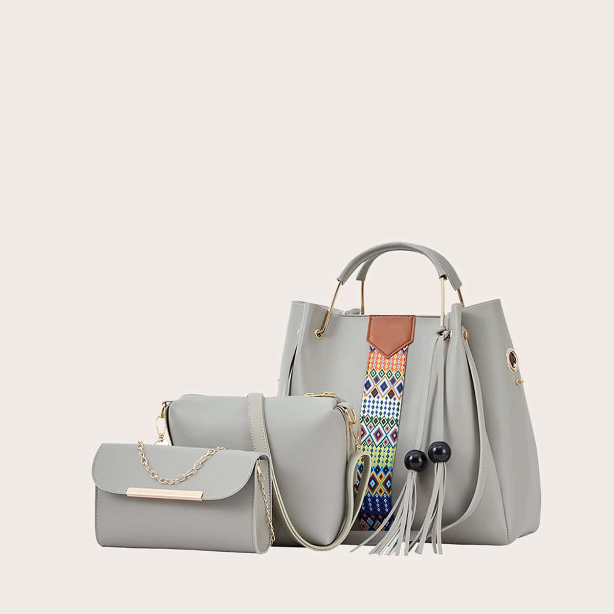 

3pcs Geometric Graphic Tote Bag Set, Grey