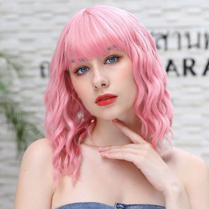 

Natural Curly Wig With Bangs, Pink