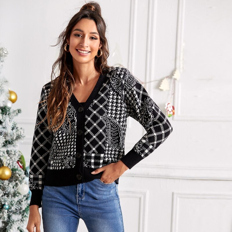 

Houndstooth & Argyle Pattern Cardigan, Black and white