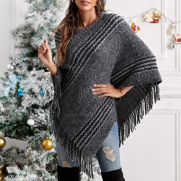 

Fringe Asymmetrical Hem Poncho Sweater, Dark grey