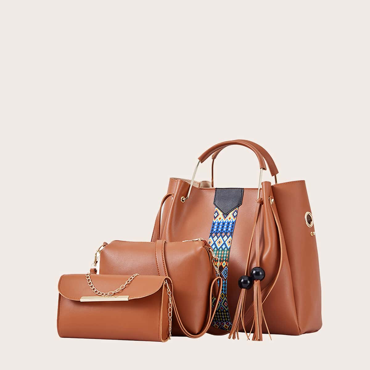 

3pcs Geometric Graphic Tote Bag Set, Brown