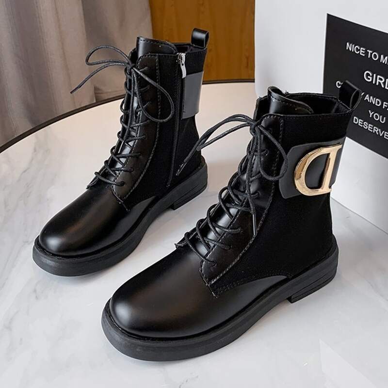 

Letter Lace-up Combat Boots, Black