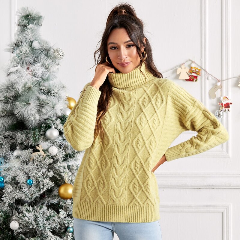 

Solid Cable Knit Turtleneck Sweater, Yellow