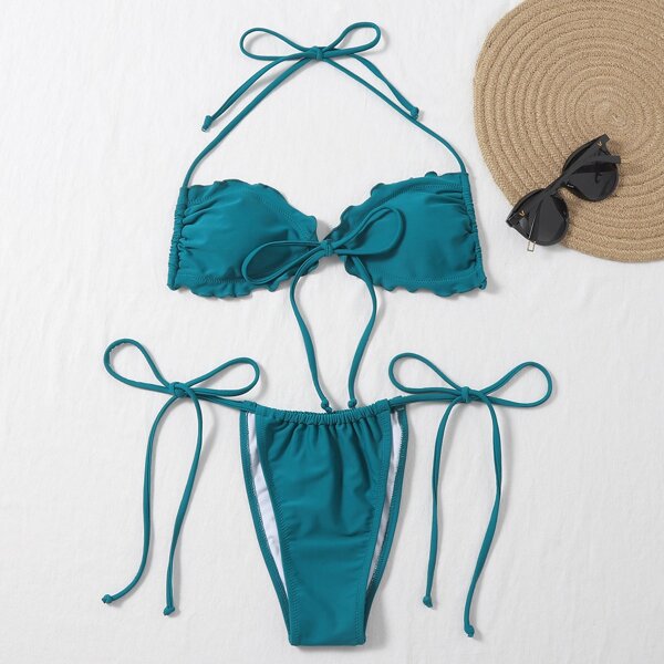 

Triangle Halter Tie Side Bikini Swimsuit, Teal blue