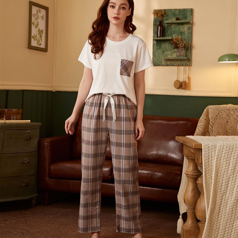 

Plaid Print Pocket Patched PJ Set, Multicolor