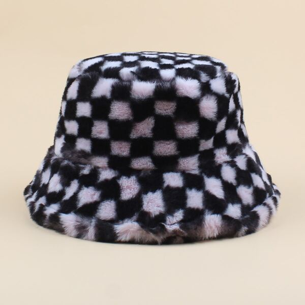 

Plaid Fluffy Bucket Hat, Multicolor