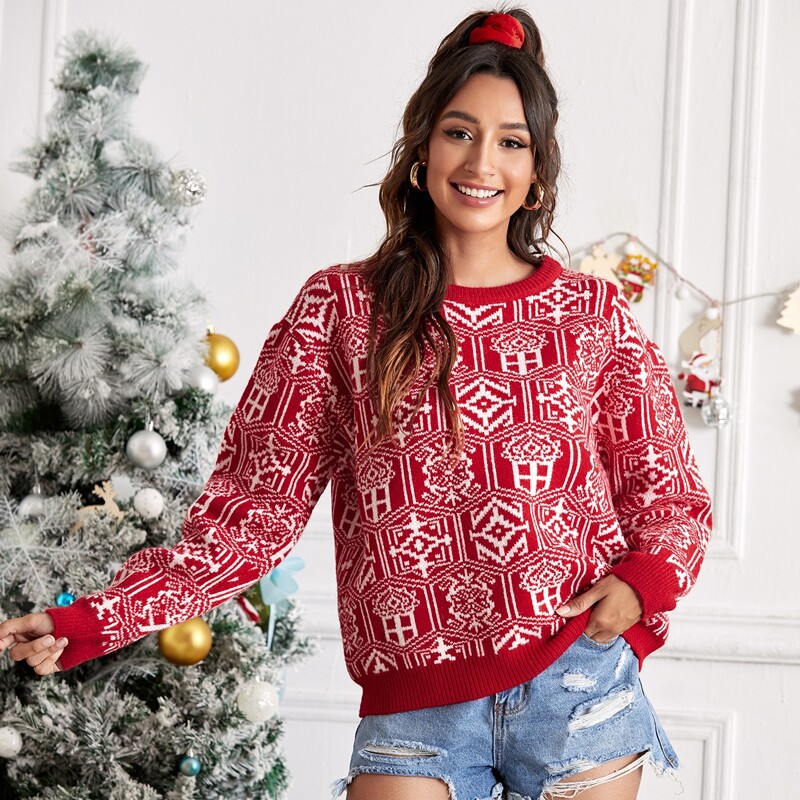 

Christmas Print Drop Shoulder Sweater, Red
