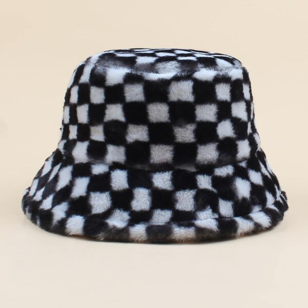 

Plaid Fluffy Bucket Hat, Multicolor