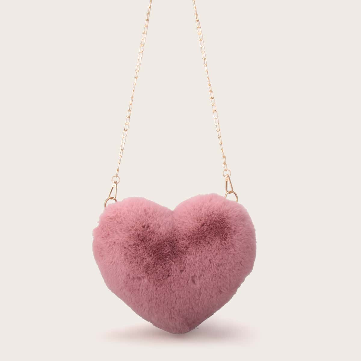 

Heart Shaped Fluffy Chain Bag, Pink