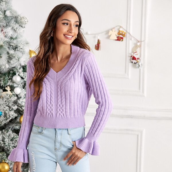 

Cable Knit Flounce Sleeve Sweater, Lilac purple