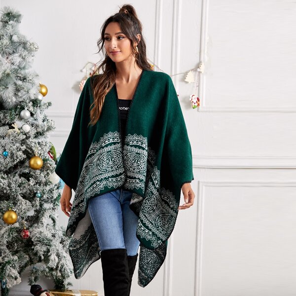 

Graphic Pattern Poncho Cape Cardigan, Dark green