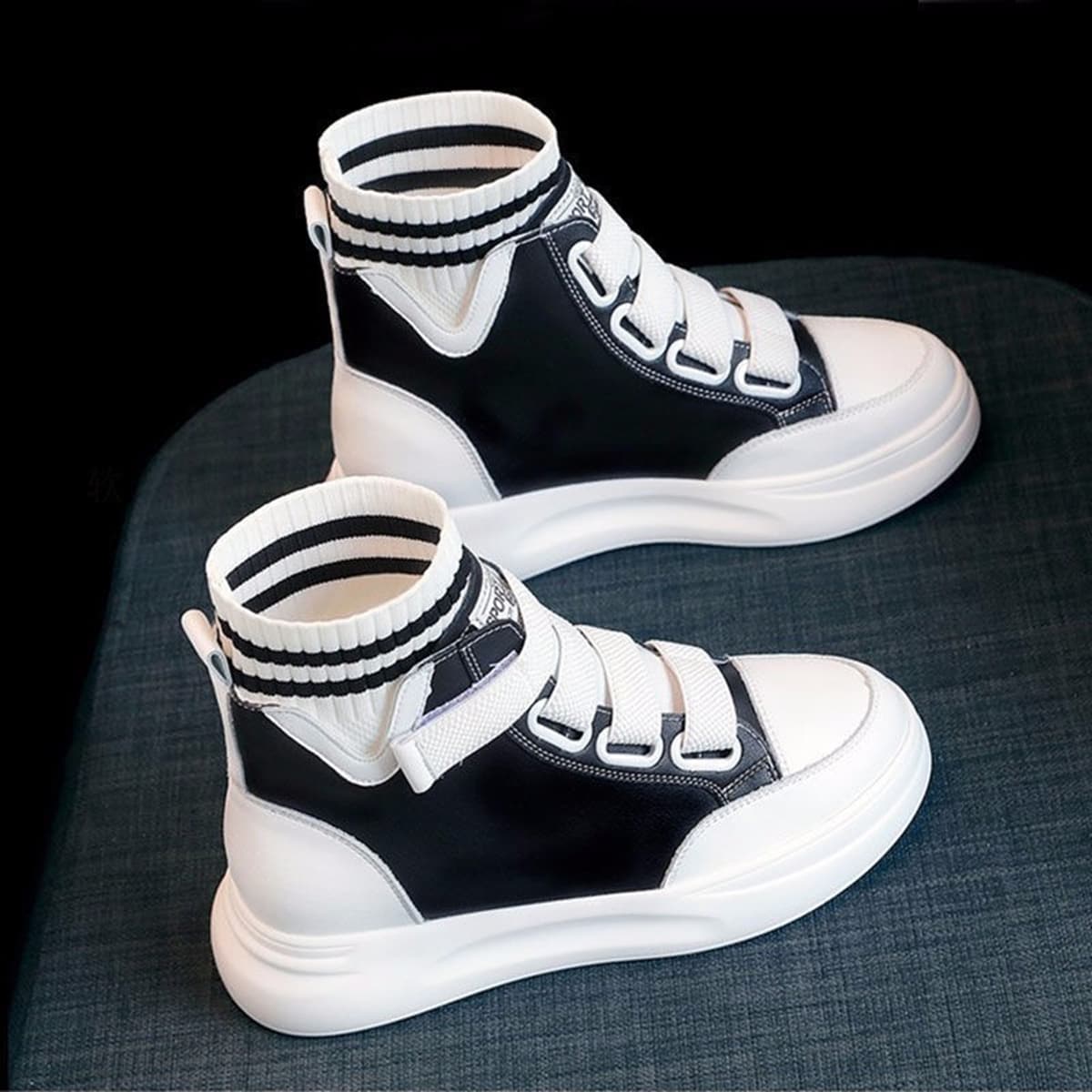 

Colorblock Striped Velcro Sock Boots, Black and white