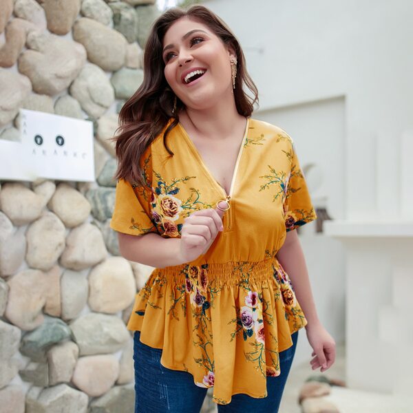 

Plus Zipper Floral Print Shirred Blouse, Yellow