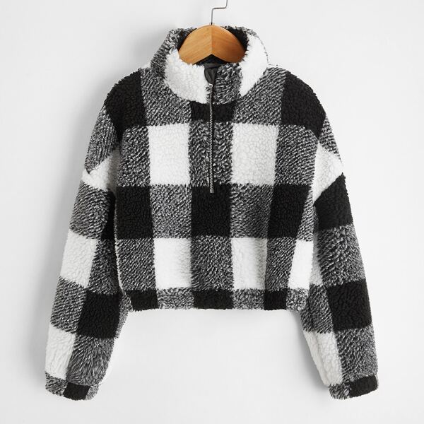 

Girls Zip Half Placket Plaid Teddy Pullover, Black and white