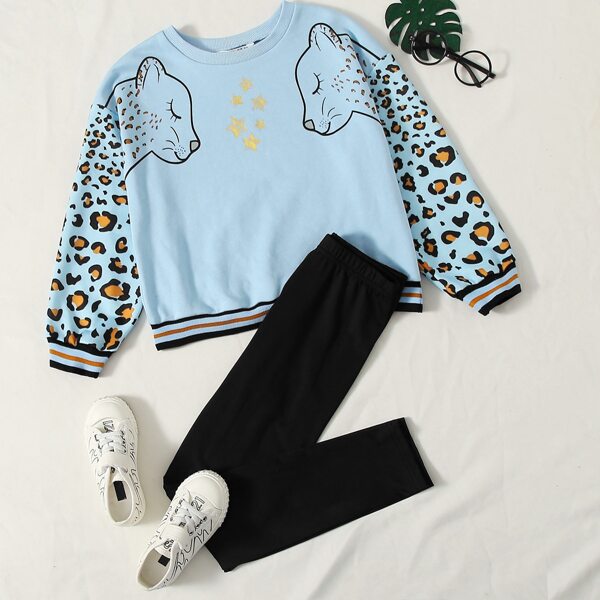 

Girls Leopard and Star Print Striped Trim Pullover and Leggings Set, Multicolor