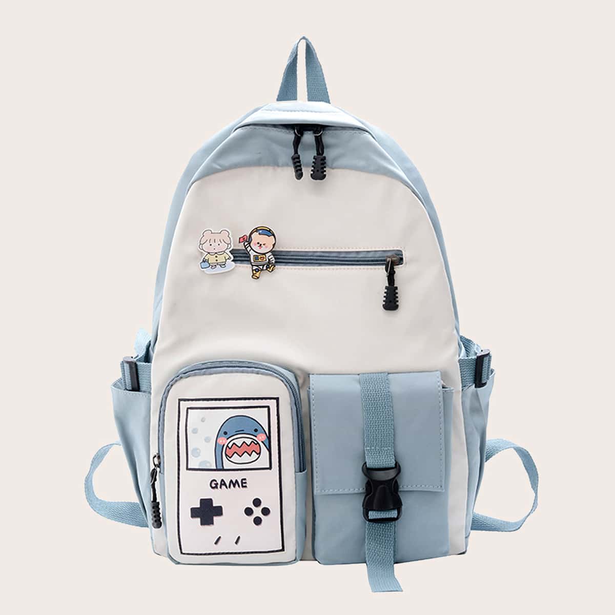 

Cartoon Graphic Color Block Backpack, Blue