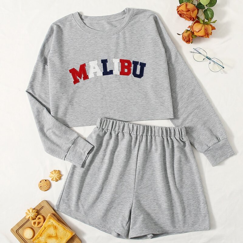 

Letter Graphic Crop Top & Shorts PJ Set, Grey